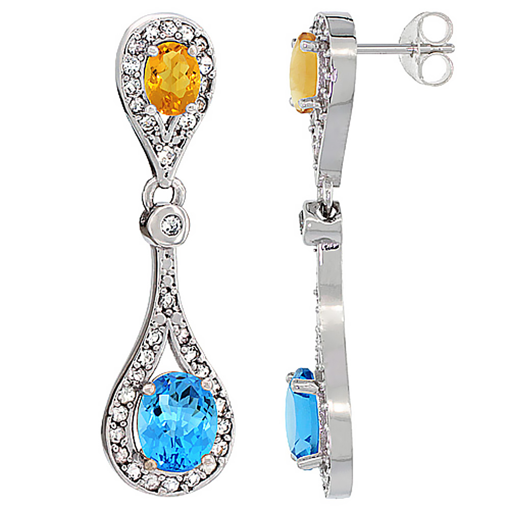 14K WHITE GOLD NATURAL SWISS BLUE TOPAZ & CITRINE OVAL DANGLING EARRINGS WHITE SAPPHIRE & DIAMOND ACCENTS, 1 3/8 INCHES LONG