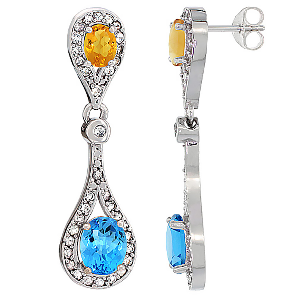 14K White Gold Natural Swiss Blue Topaz &amp; Citrine Oval Dangling Earrings White Sapphire &amp; Diamond Accents, 1 3/8 inches long