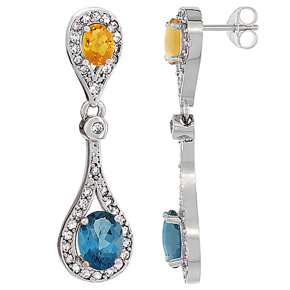 14K White Gold Natural London Blue Topaz &amp; Citrine Oval Dangling Earrings White Sapphire &amp; Diamond Accents, 1 3/8 inches long