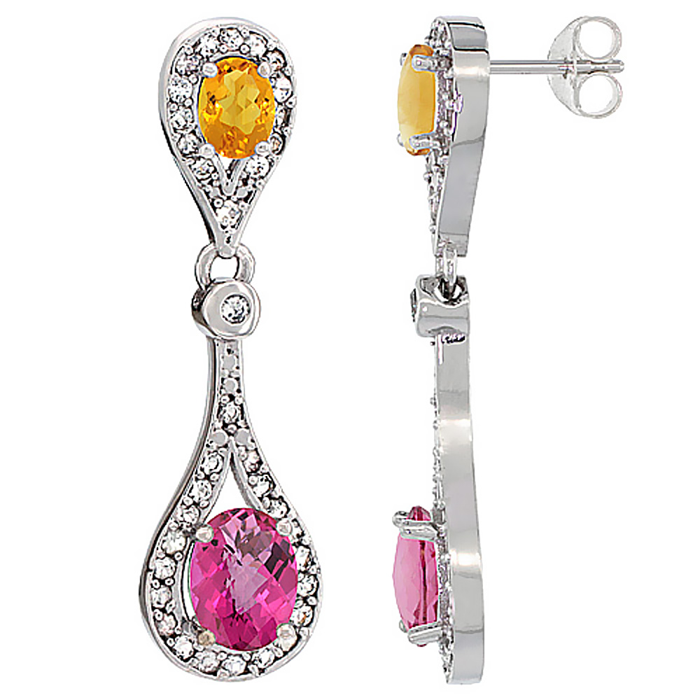 14K WHITE GOLD NATURAL PINK TOPAZ & CITRINE OVAL DANGLING EARRINGS WHITE SAPPHIRE & DIAMOND ACCENTS, 1 3/8 INCHES LONG