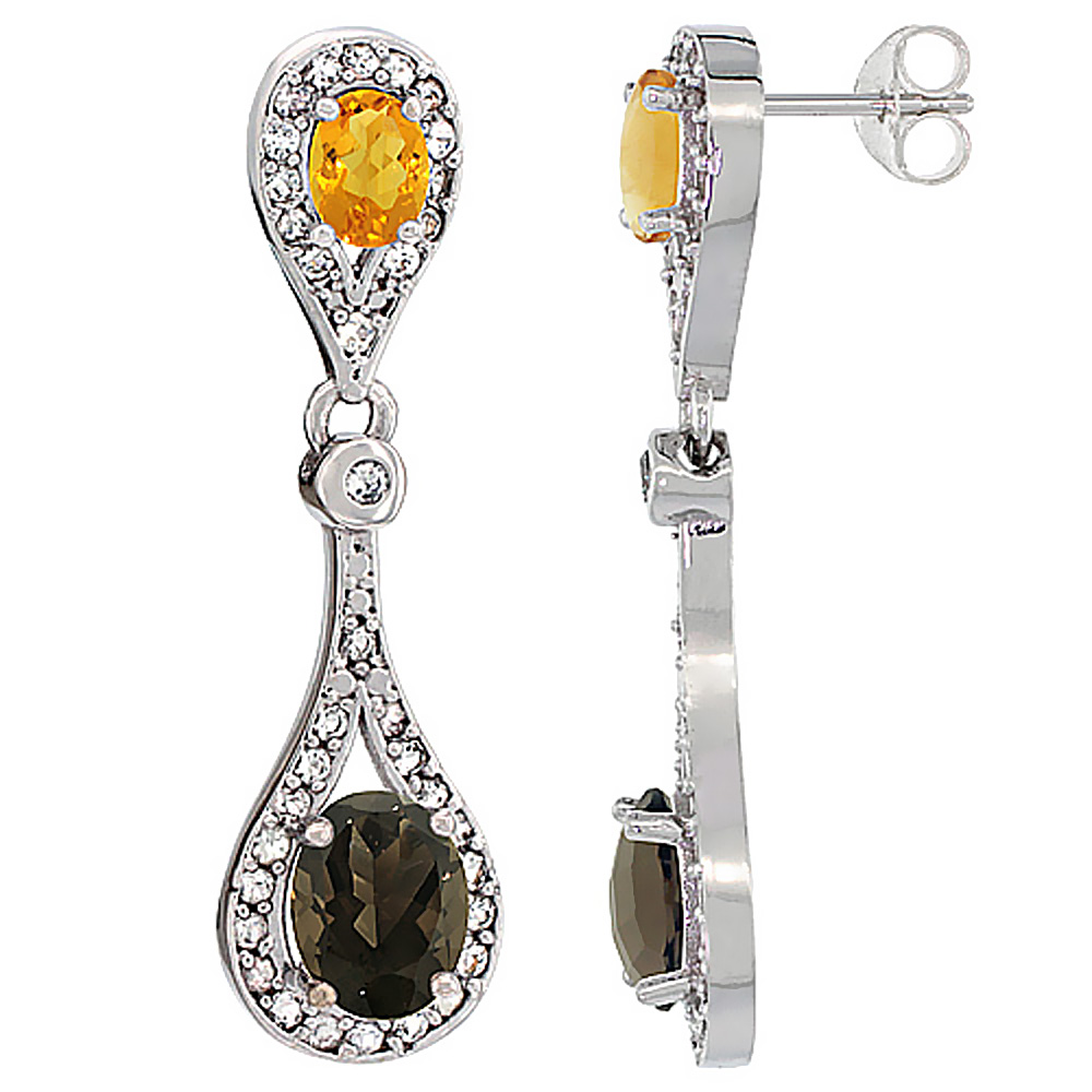 14K White Gold Natural Smoky Topaz &amp; Citrine Oval Dangling Earrings White Sapphire &amp; Diamond Accents, 1 3/8 inches long