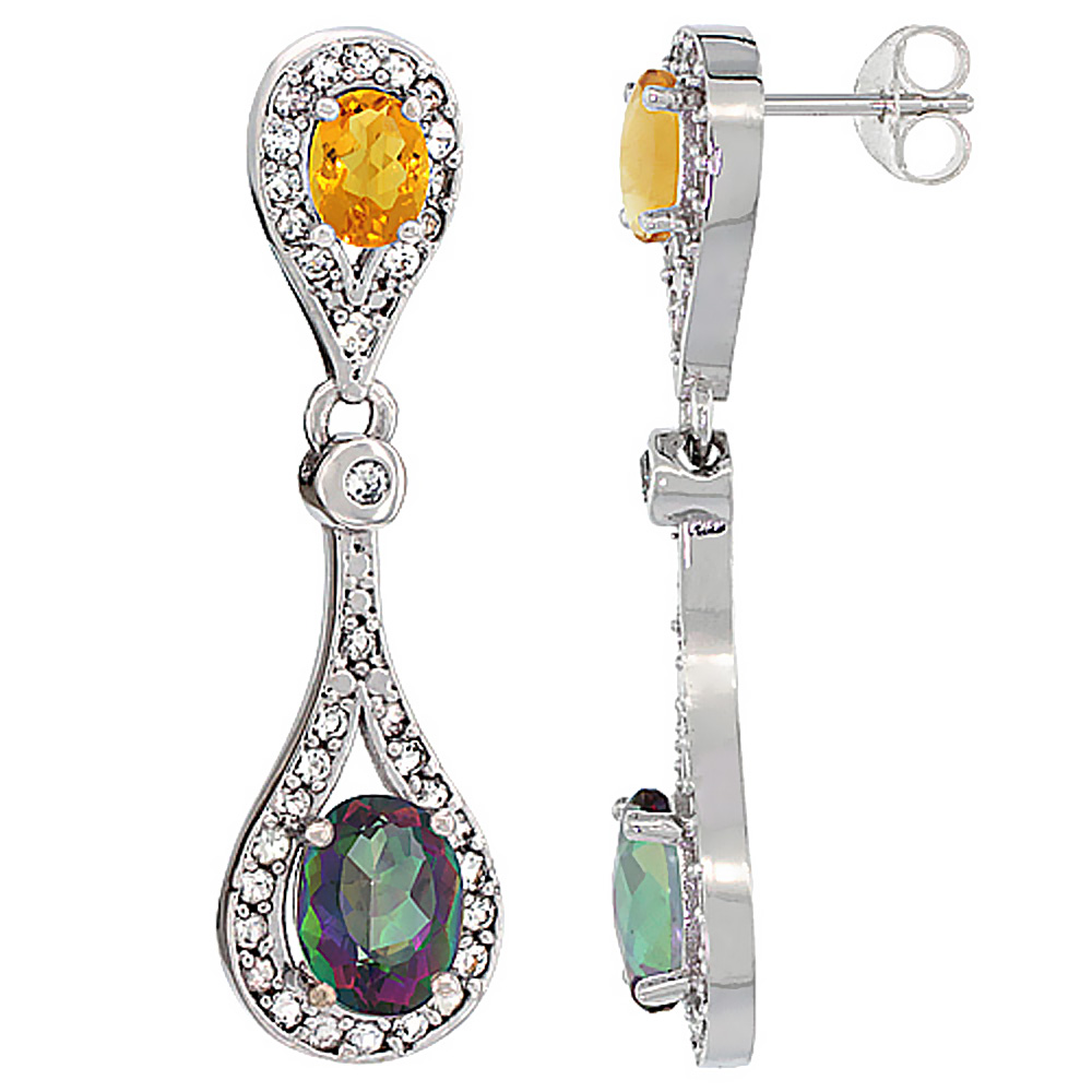 14K White Gold Natural Mystic Topaz &amp; Citrine Oval Dangling Earrings White Sapphire &amp; Diamond Accents, 1 3/8 inches long