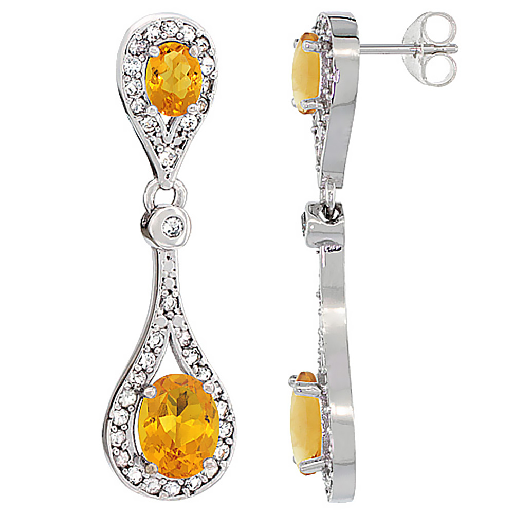10K White Gold Natural Citrine Oval Dangling Earrings White Sapphire &amp; Diamond Accents, 1 3/8 inches long