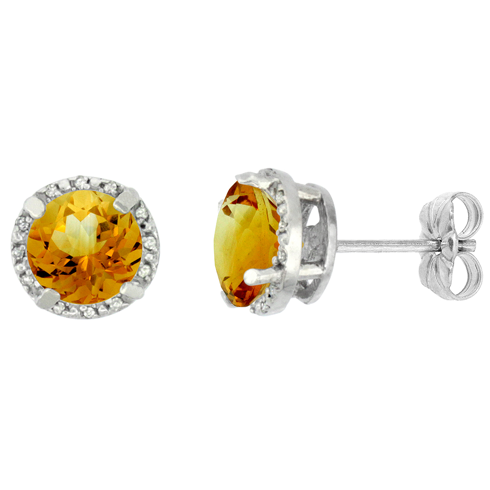 10K White Gold 0.06 cttw Diamond Natural Citrine Earrings Round 7x7 mm