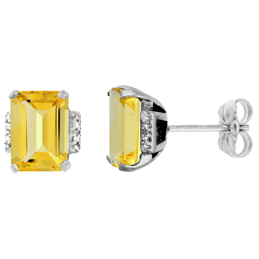 10K WHITE GOLD 0.02 CTTW DIAMOND NATURAL CITRINE EARRINGS OCTAGON 8X6 MM