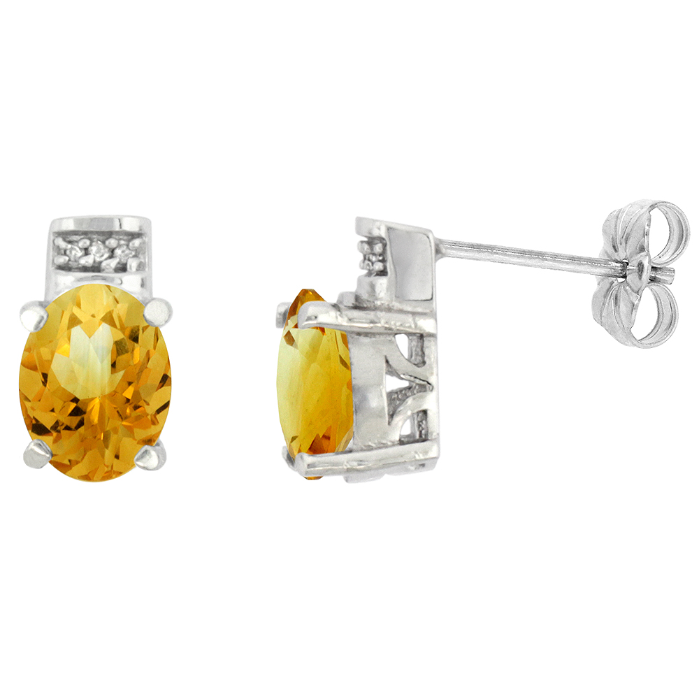 10K WHITE GOLD DIAMOND NATURAL CITRINE EARRINGS OVAL 8X6 MM