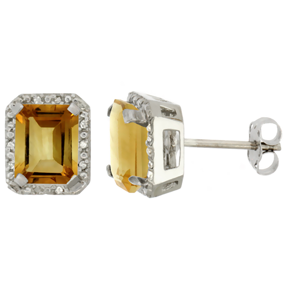10K White Gold Diamond Natural Citrine Earrings Octagon 8x6 mm