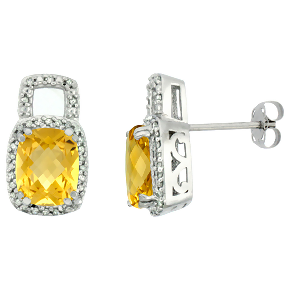 10K WHITE GOLD DIAMOND NATURAL CITRINE EARRINGS OCTAGON CUSHION 8X6 MM