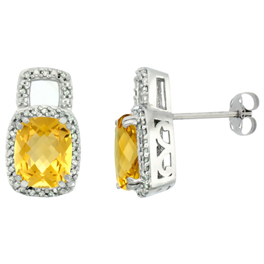10K White Gold Diamond Natural Citrine Earrings Octagon Cushion 8x6 mm