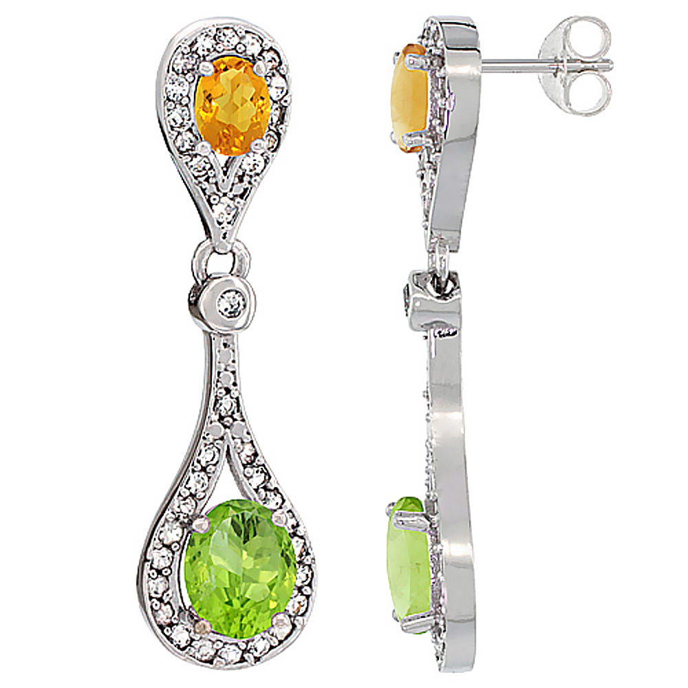 14K White Gold Natural Peridot &amp; Citrine Oval Dangling Earrings White Sapphire &amp; Diamond Accents, 1 3/8 inches long