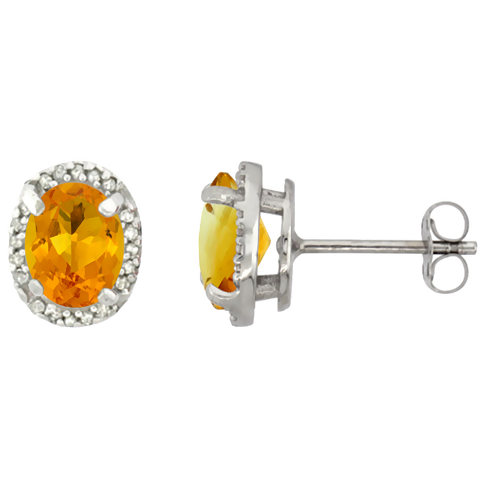 10K WHITE GOLD DIAMOND NATURAL CITRINE EARRINGS OVAL 7X5 MM