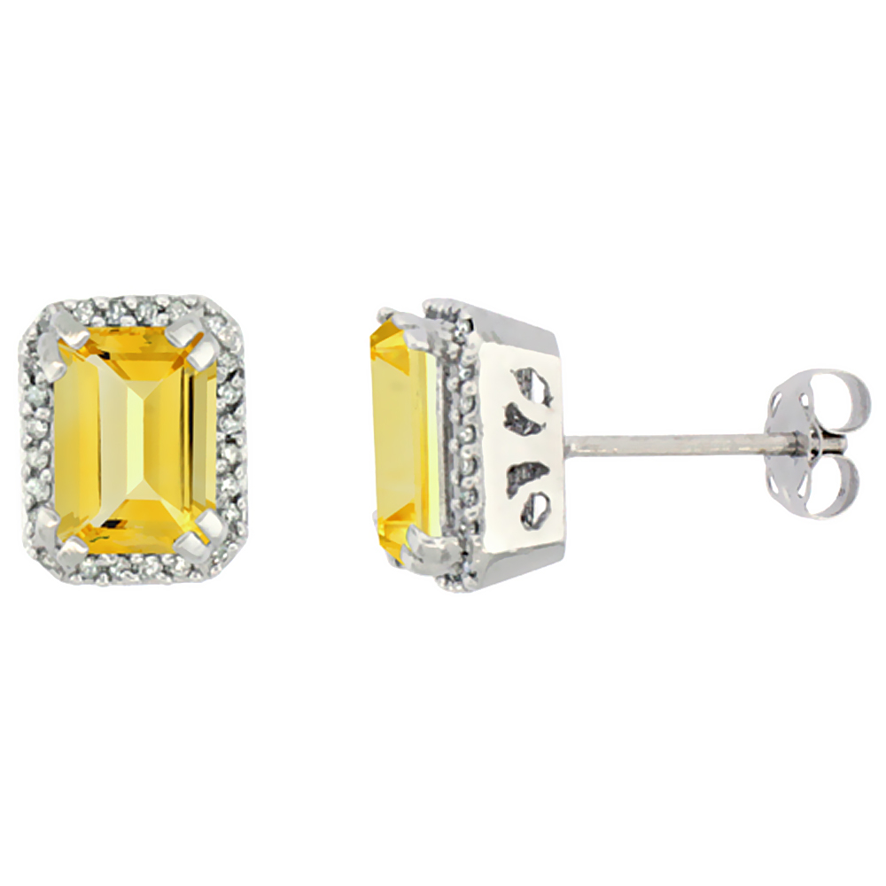 10K White Gold Diamond Natural Citrine Earrings Octagon 7x5 mm