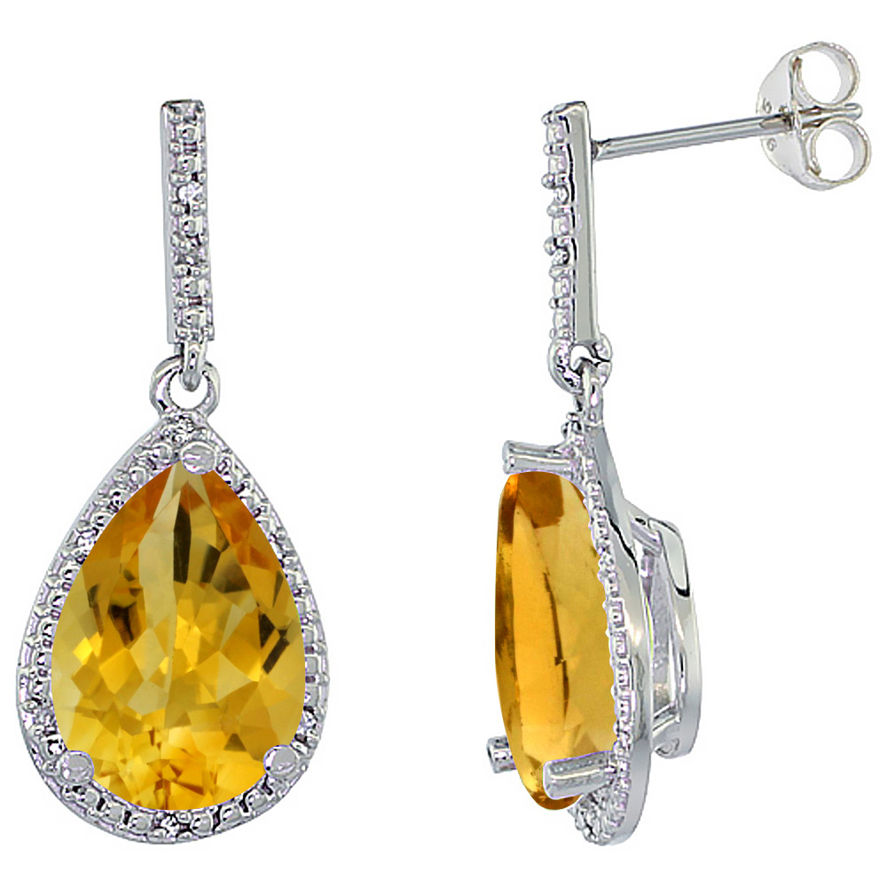 10K WHITE GOLD DIAMOND HALO NATURAL CITRINE DANGLE EARRINGS PEAR SHAPED 12X8 MM