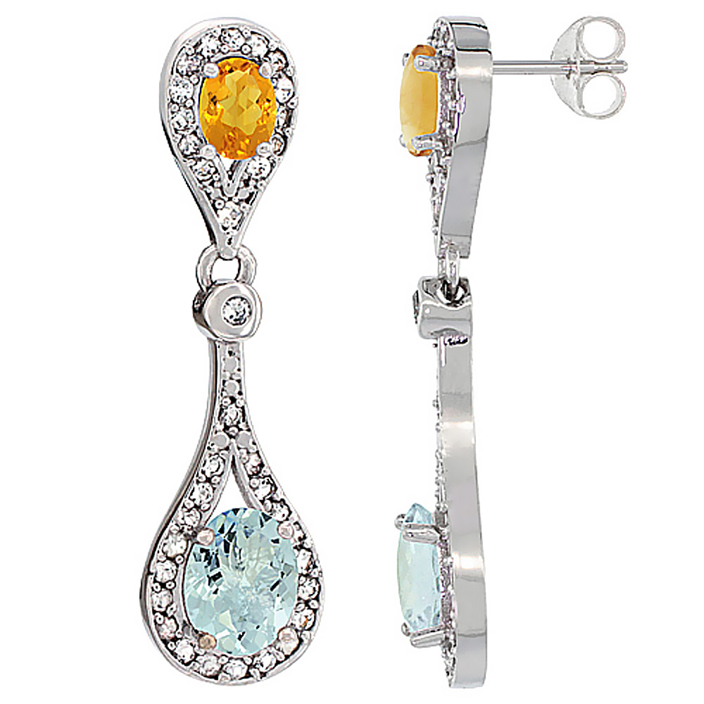14K WHITE GOLD NATURAL AQUAMARINE & CITRINE OVAL DANGLING EARRINGS WHITE SAPPHIRE & DIAMOND ACCENTS, 1 3/8 INCHES LONG