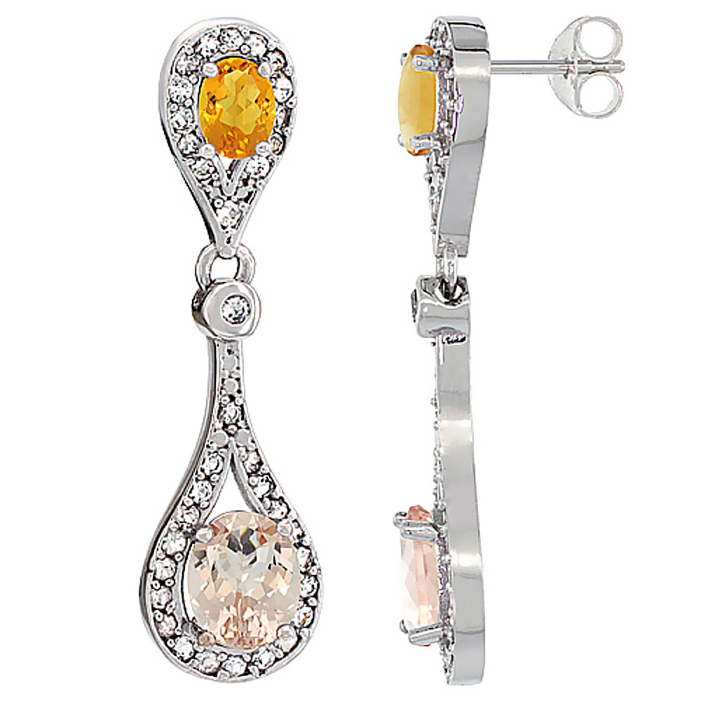 14K WHITE GOLD NATURAL MORGANITE & CITRINE OVAL DANGLING EARRINGS WHITE SAPPHIRE & DIAMOND ACCENTS, 1 3/8 INCHES LONG