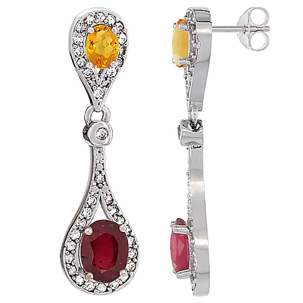 10K White Gold Enhanced Ruby &amp; Citrine Oval Dangling Earrings White Sapphire &amp; Diamond Accents, 1 3/8 inches long