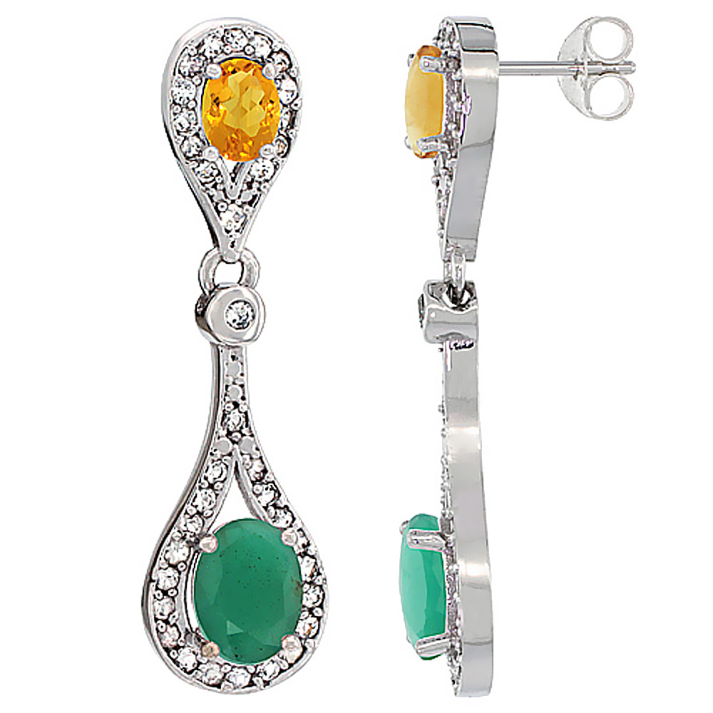 14K White Gold Natural Emerald &amp; Citrine Oval Dangling Earrings White Sapphire &amp; Diamond Accents, 1 3/8 inches long