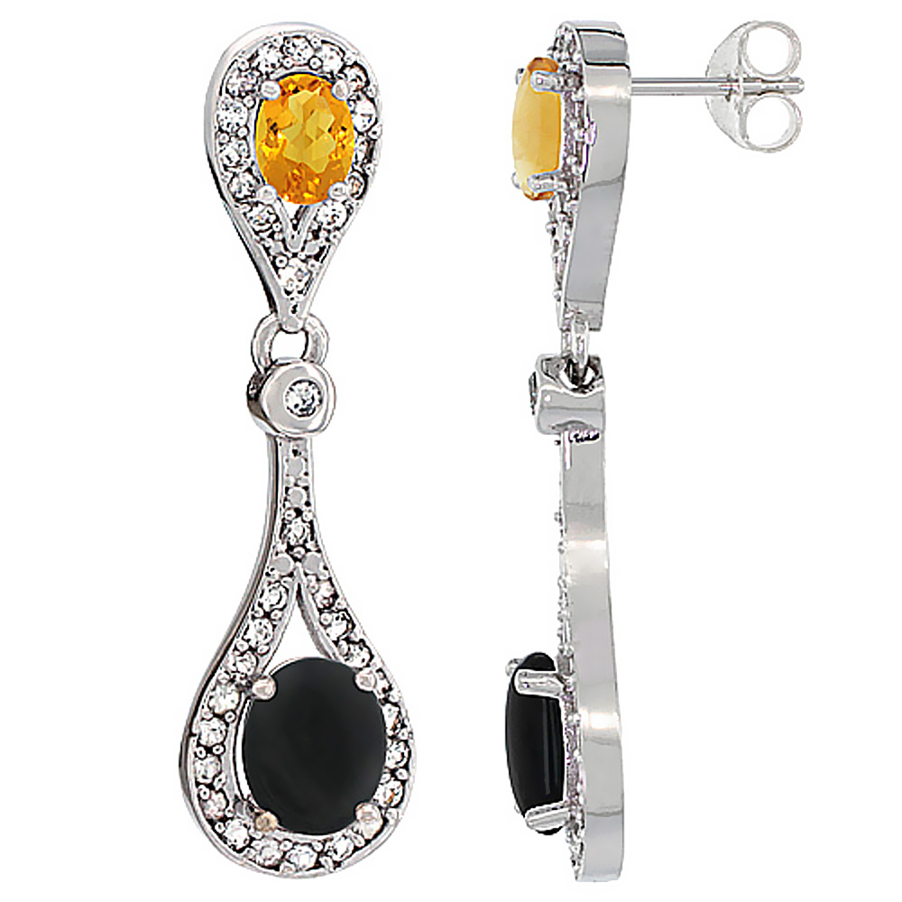 14K WHITE GOLD NATURAL BLACK ONYX & CITRINE OVAL DANGLING EARRINGS WHITE SAPPHIRE & DIAMOND ACCENTS, 1 3/8 INCHES LONG