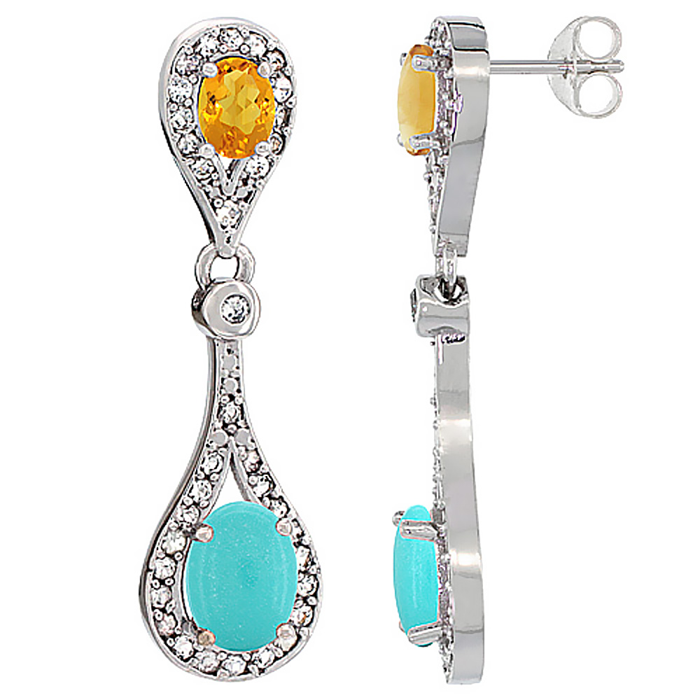 10K White Gold Natural Turquoise & Citrine Oval Dangling Earrings White Sapphire & Diamond Accents, 1 3/8 inches long