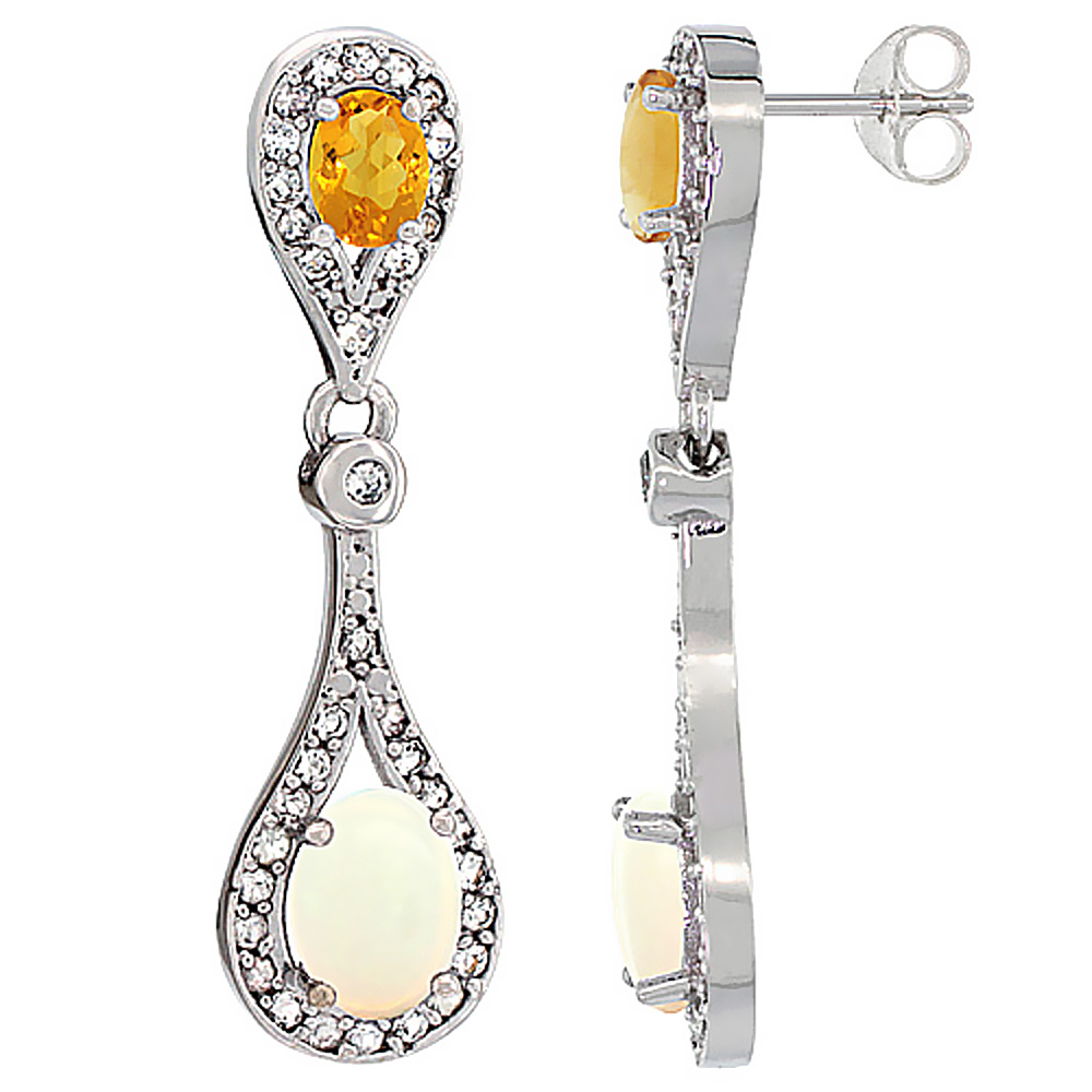 10K White Gold Natural Opal & Citrine Oval Dangling Earrings White Sapphire & Diamond Accents, 1 3/8 inches long
