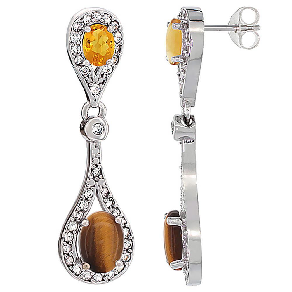 14K WHITE GOLD NATURAL TIGER EYE & CITRINE OVAL DANGLING EARRINGS WHITE SAPPHIRE & DIAMOND ACCENTS, 1 3/8 INCHES LONG