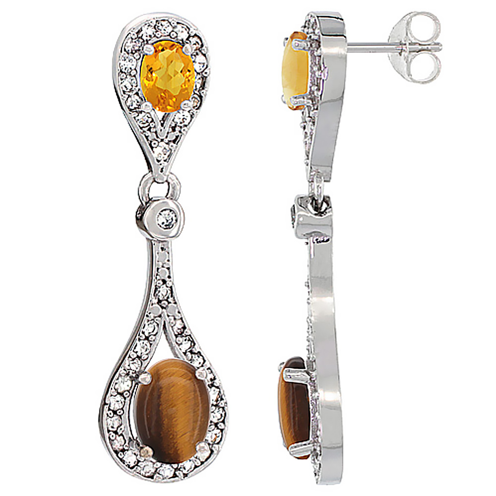 14K White Gold Natural Tiger Eye &amp; Citrine Oval Dangling Earrings White Sapphire &amp; Diamond Accents, 1 3/8 inches long