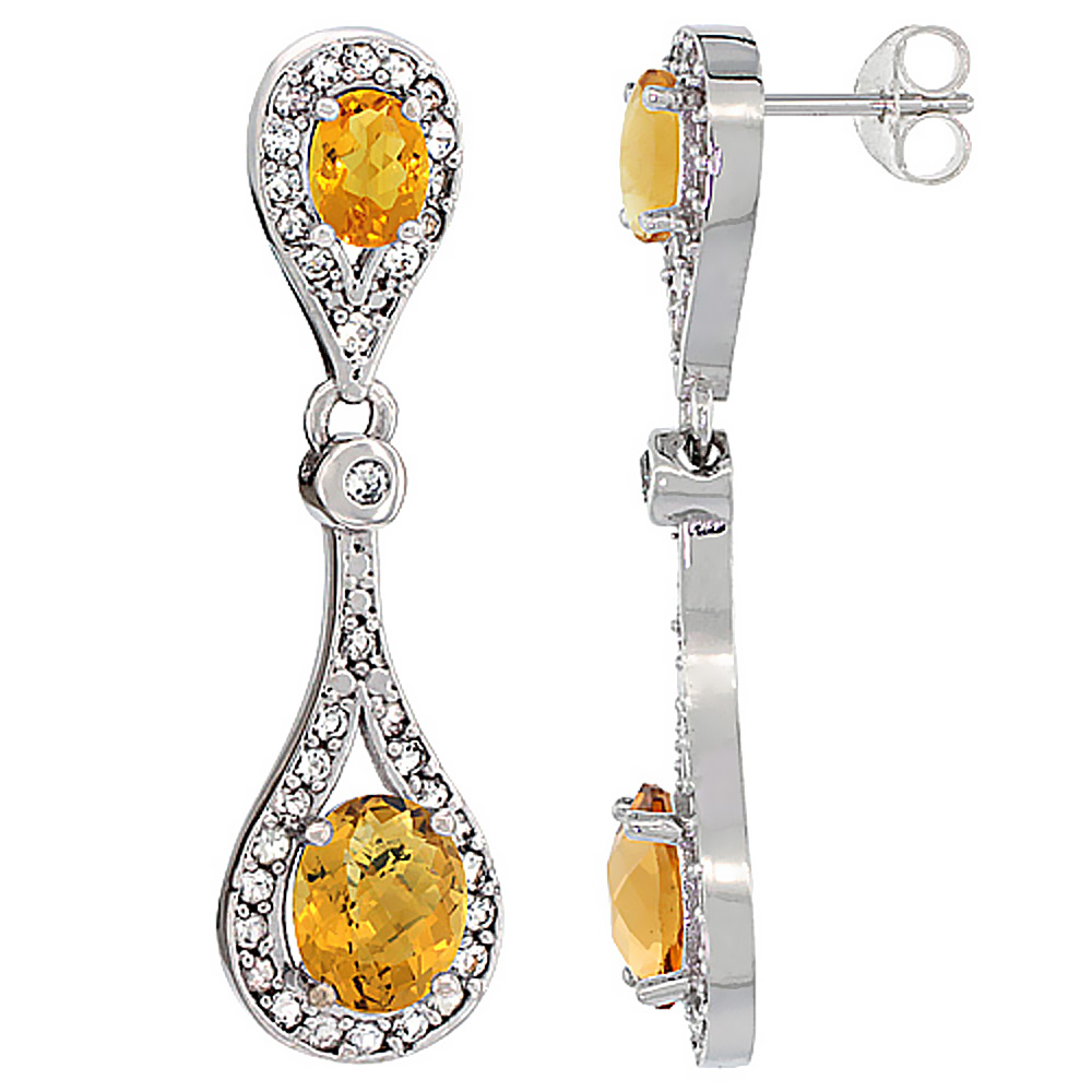 10K White Gold Natural Whisky Quartz &amp; Citrine Oval Dangling Earrings White Sapphire &amp; Diamond Accents, 1 3/8 inches long