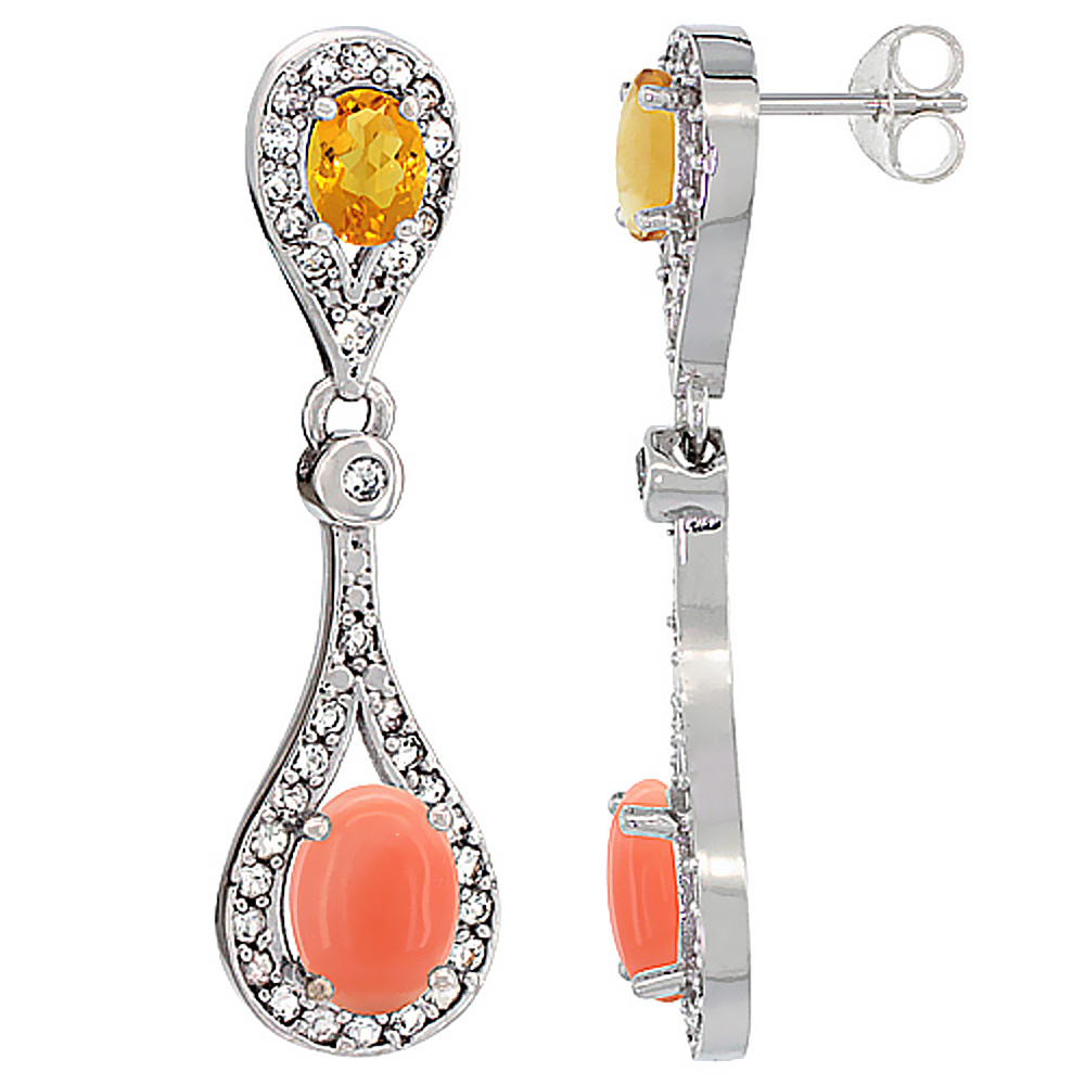 10K White Gold Natural Coral & Citrine Oval Dangling Earrings White Sapphire & Diamond Accents, 1 3/8 inches long