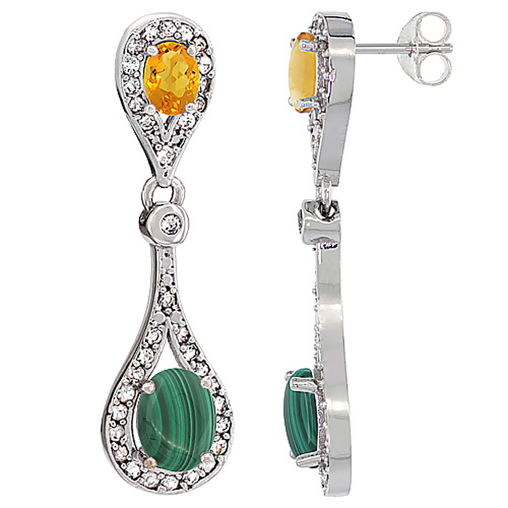 14K WHITE GOLD NATURAL MALACHITE & CITRINE OVAL DANGLING EARRINGS WHITE SAPPHIRE & DIAMOND ACCENTS, 1 3/8 INCHES LONG