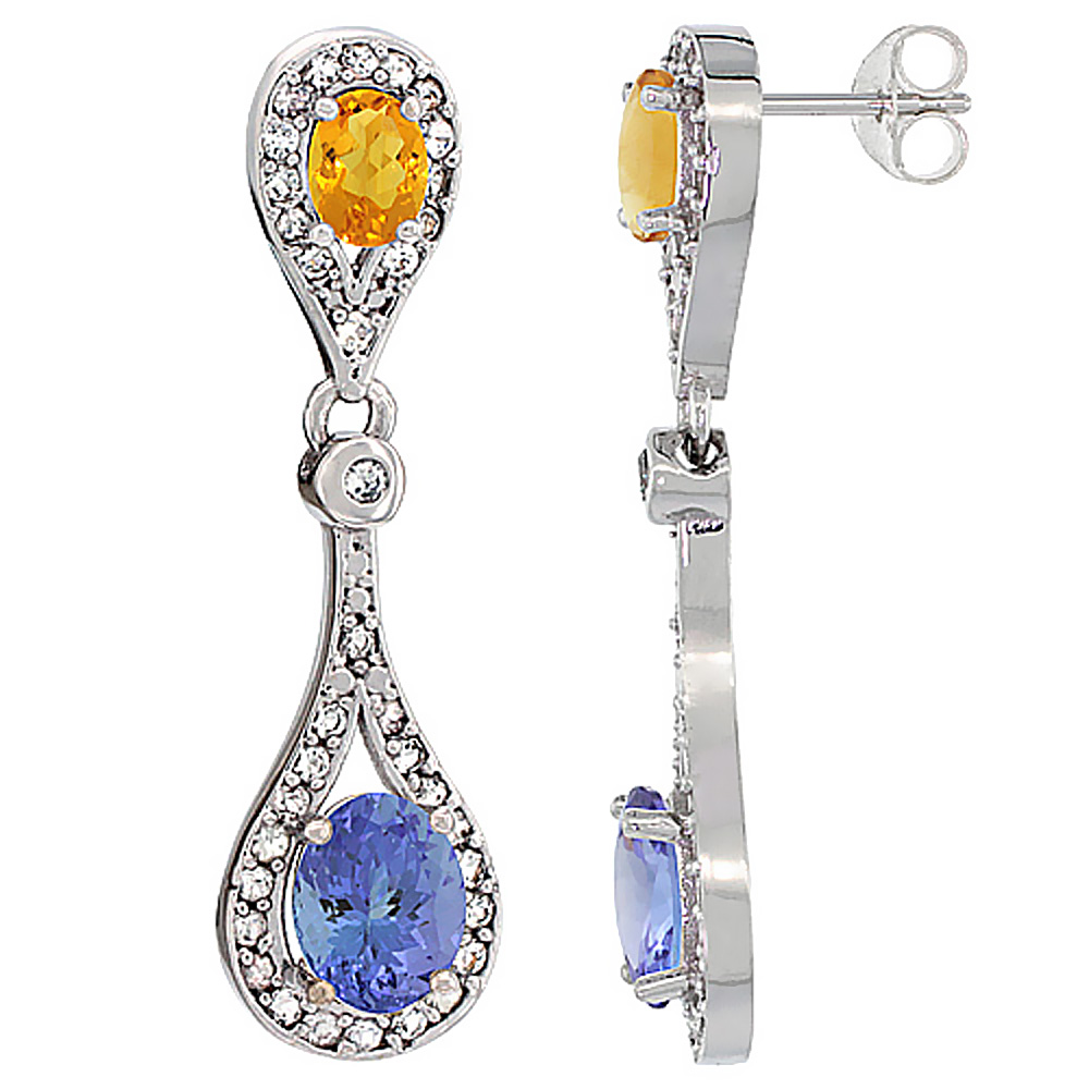 14K WHITE GOLD NATURAL TANZANITE & CITRINE OVAL DANGLING EARRINGS WHITE SAPPHIRE & DIAMOND ACCENTS, 1 3/8 INCHES LONG