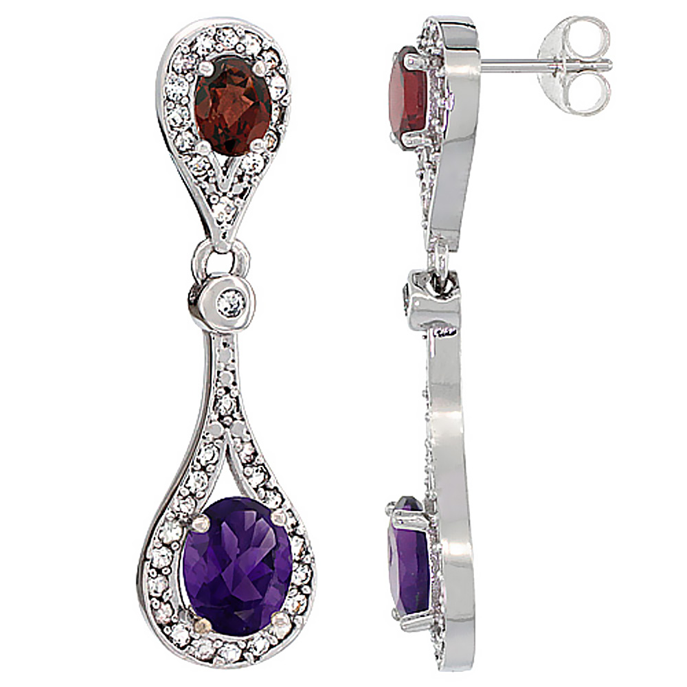 14K WHITE GOLD NATURAL AMETHYST & GARNET OVAL DANGLING EARRINGS WHITE SAPPHIRE & DIAMOND ACCENTS, 1 3/8 INCHES LONG