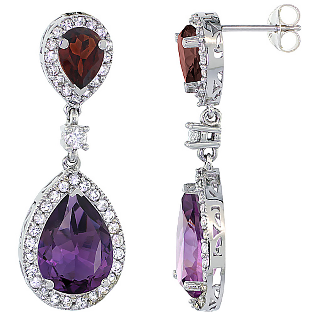 10K WHITE GOLD NATURAL AMETHYST & GARNET TEARDROP EARRINGS WHITE SAPPHIRE & DIAMOND