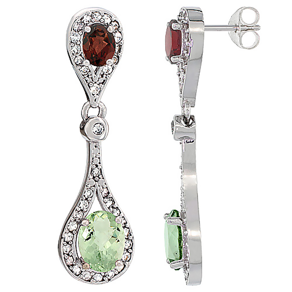10K White Gold Natural Green Amethyst & Garnet Oval Dangling Earrings White Sapphire & Diamond Accents, 1 3/8 inches long