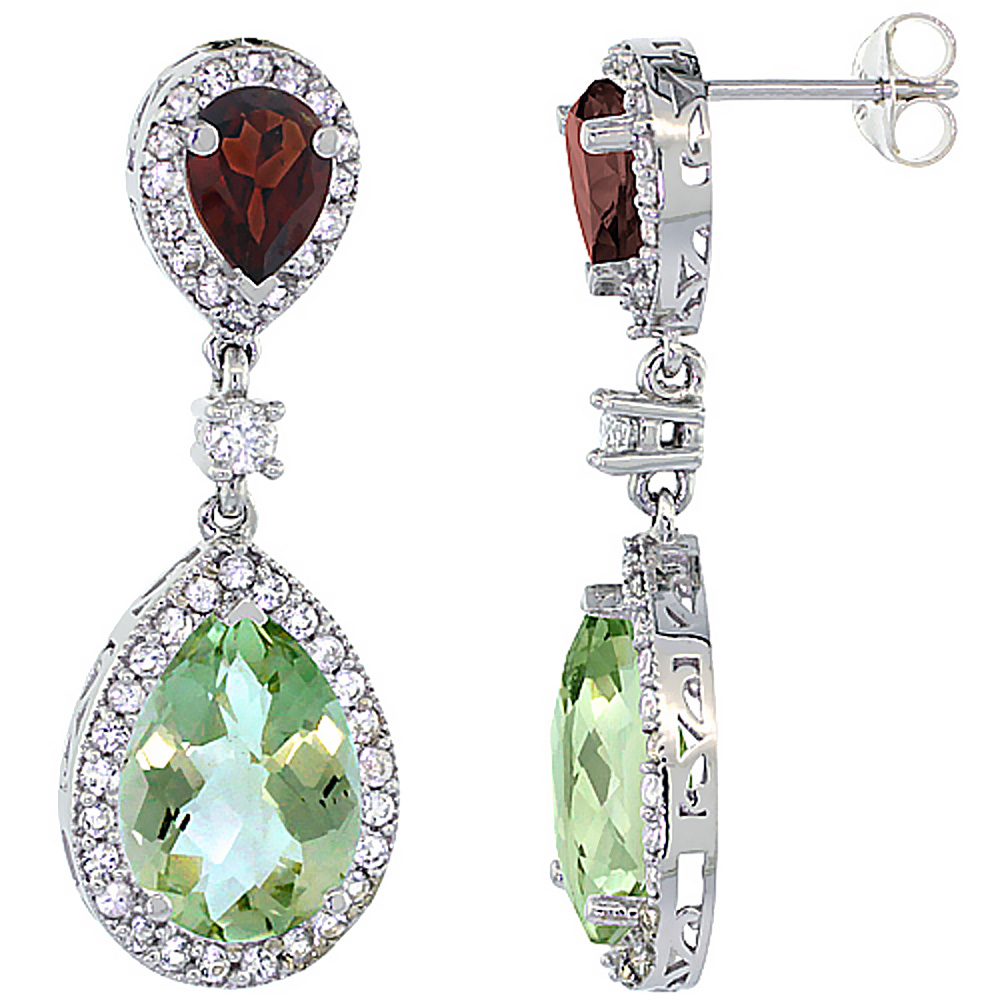 14K WHITE GOLD NATURAL AMETHYST & GARNET TEARDROP EARRINGS WHITE SAPPHIRE & DIAMOND