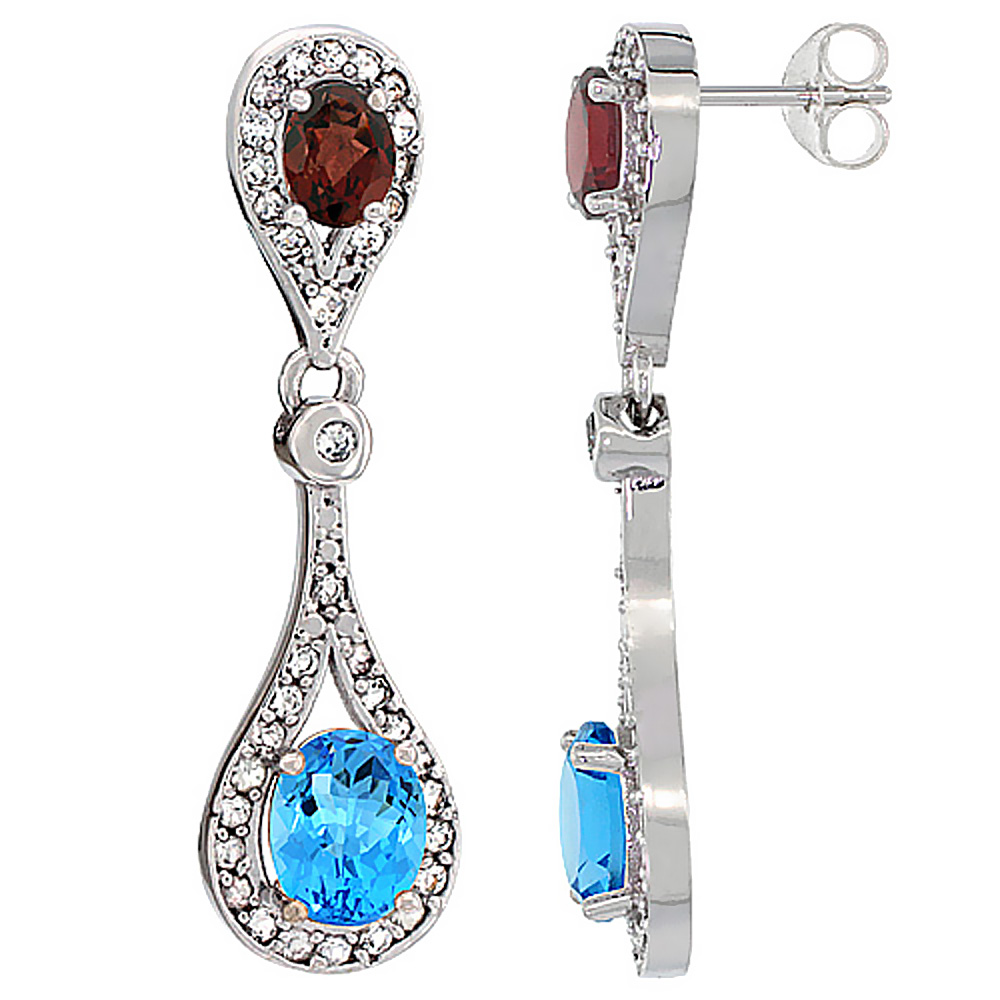 14K WHITE GOLD NATURAL SWISS BLUE TOPAZ & GARNET OVAL DANGLING EARRINGS WHITE SAPPHIRE & DIAMOND ACCENTS, 1 3/8 INCHES LONG