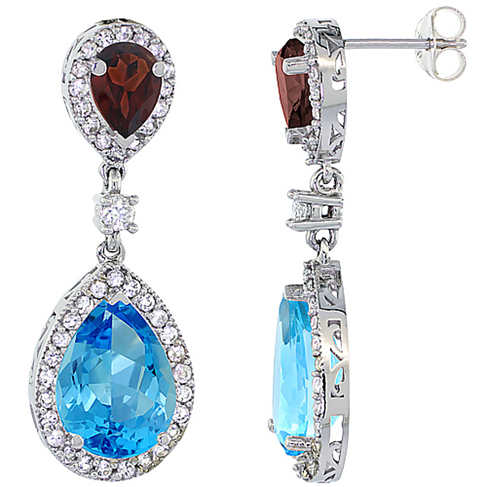 14K WHITE GOLD NATURAL SWISS BLUE TOPAZ & GARNET TEARDROP EARRINGS WHITE SAPPHIRE & DIAMOND