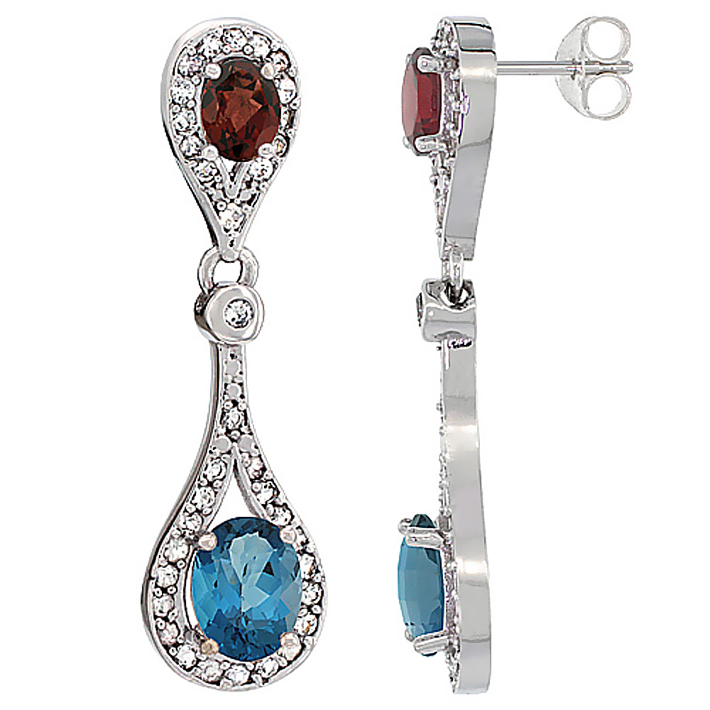 14K WHITE GOLD NATURAL LONDON BLUE TOPAZ & GARNET OVAL DANGLING EARRINGS WHITE SAPPHIRE & DIAMOND ACCENTS, 1 3/8 INCHES LONG