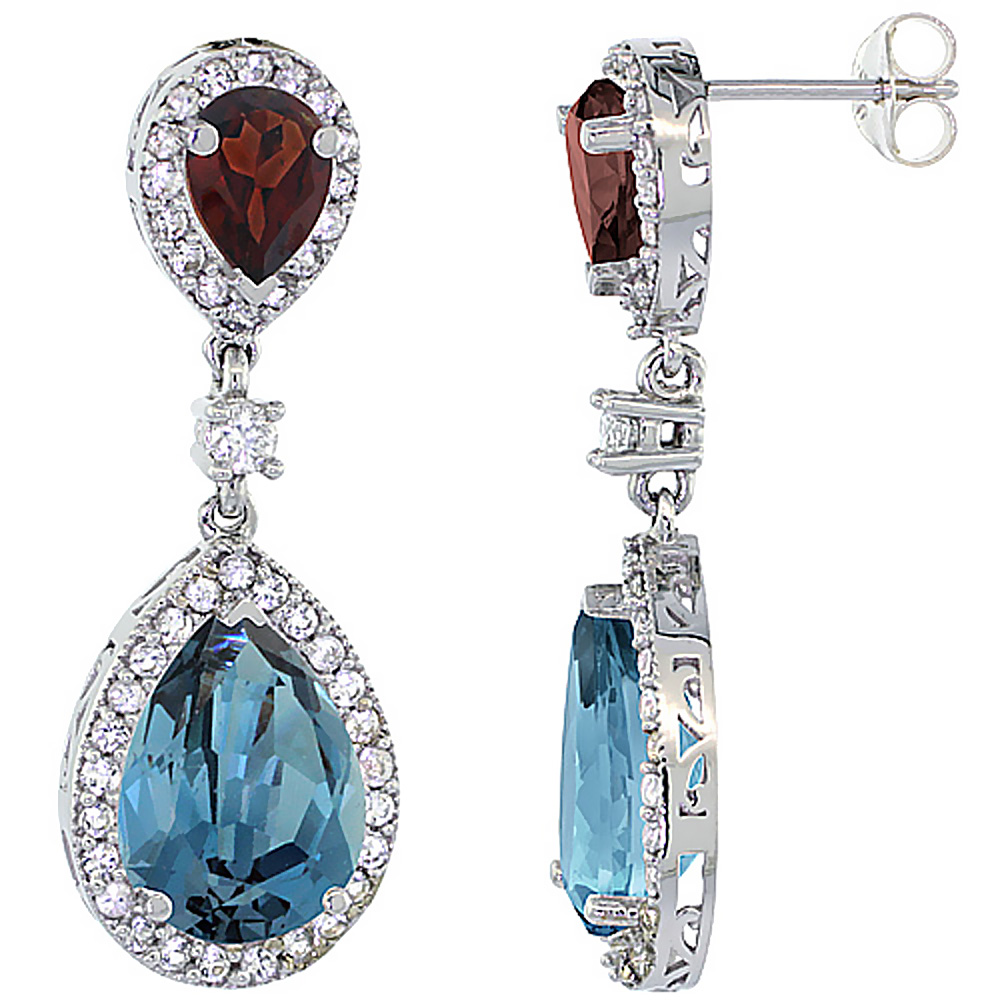14K WHITE GOLD NATURAL LONDON BLUE TOPAZ & GARNET TEARDROP EARRINGS WHITE SAPPHIRE & DIAMOND