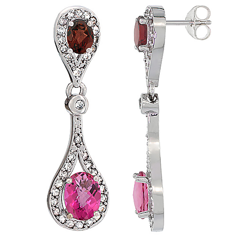 14K WHITE GOLD NATURAL PINK TOPAZ & GARNET OVAL DANGLING EARRINGS WHITE SAPPHIRE & DIAMOND ACCENTS, 1 3/8 INCHES LONG
