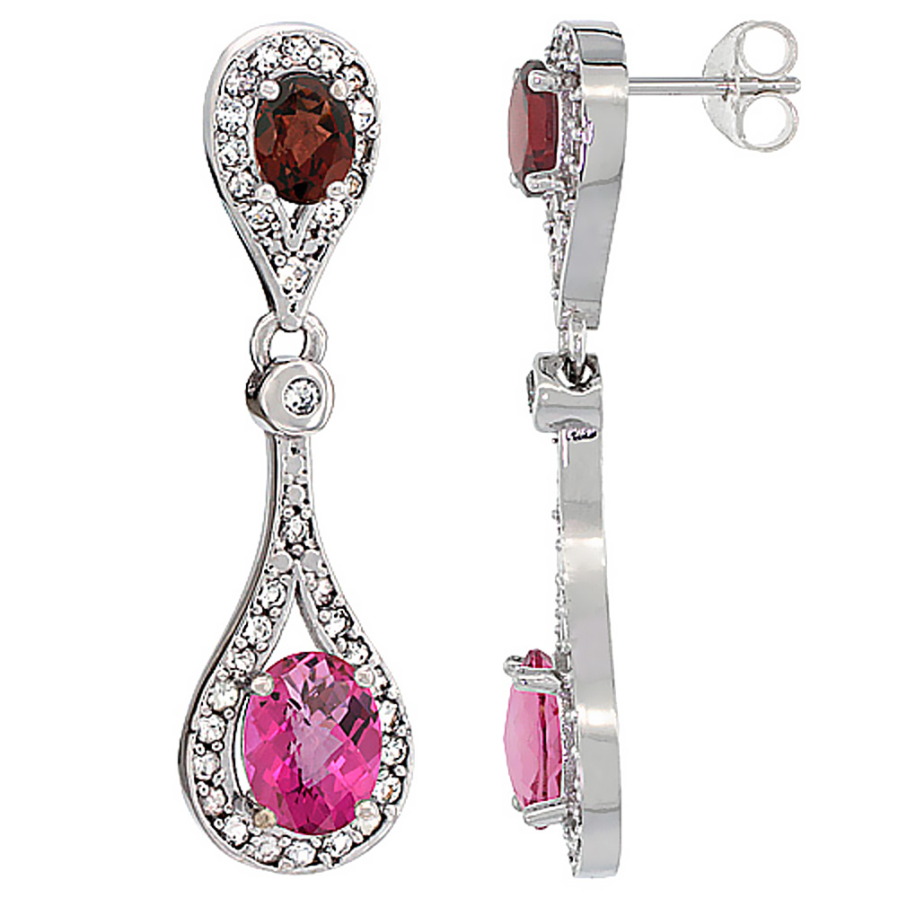 14K White Gold Natural Pink Topaz &amp; Garnet Oval Dangling Earrings White Sapphire &amp; Diamond Accents, 1 3/8 inches long