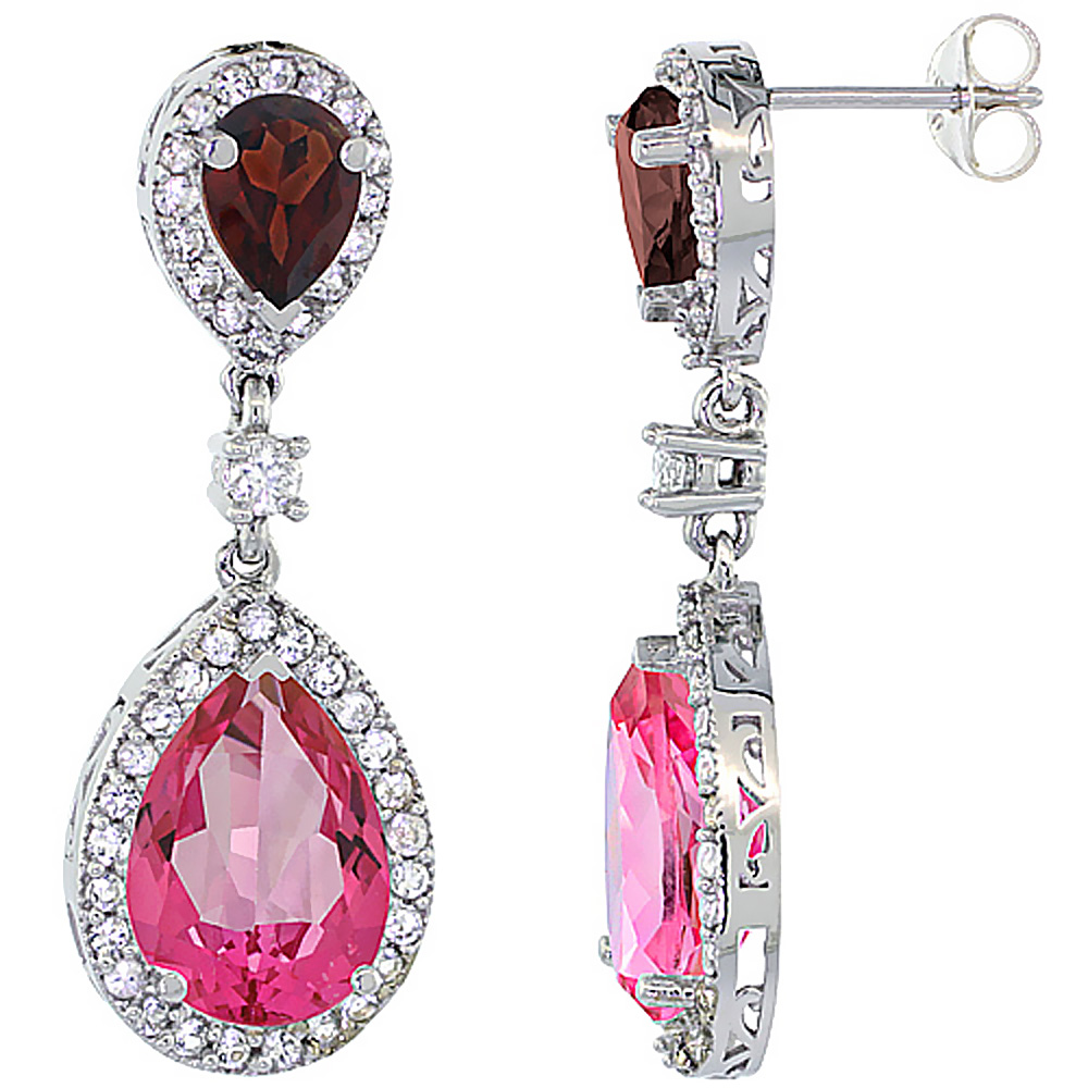14K White Gold Natural Pink Topaz &amp; Garnet Teardrop Earrings White Sapphire &amp; Diamond