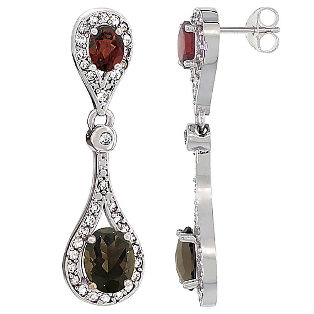 14K WHITE GOLD NATURAL SMOKY TOPAZ & GARNET OVAL DANGLING EARRINGS WHITE SAPPHIRE & DIAMOND ACCENTS, 1 3/8 INCHES LONG