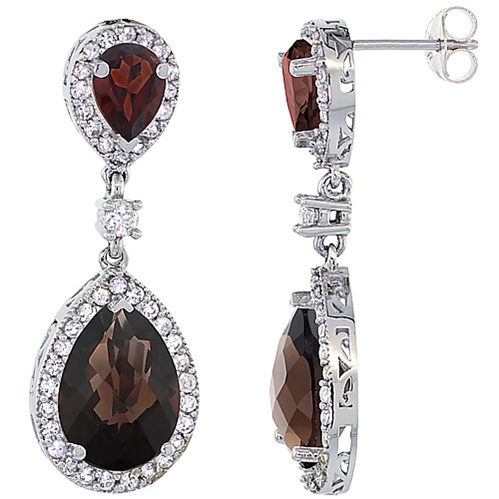 14K WHITE GOLD NATURAL SMOKY TOPAZ & GARNET TEARDROP EARRINGS WHITE SAPPHIRE & DIAMOND