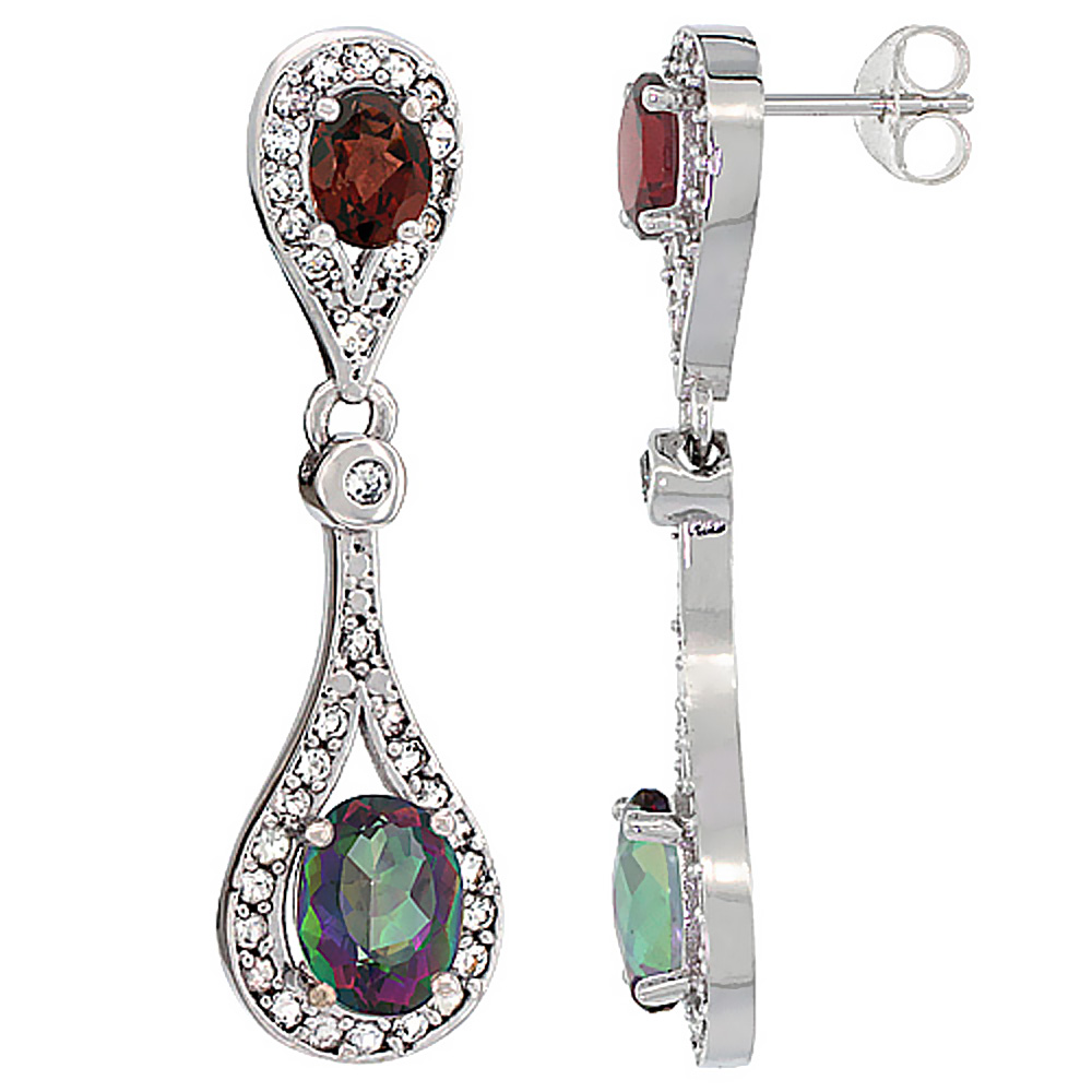 14K WHITE GOLD NATURAL MYSTIC TOPAZ & GARNET OVAL DANGLING EARRINGS WHITE SAPPHIRE & DIAMOND ACCENTS, 1 3/8 INCHES LONG