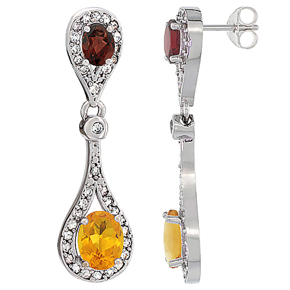 14K WHITE GOLD NATURAL CITRINE & GARNET OVAL DANGLING EARRINGS WHITE SAPPHIRE & DIAMOND ACCENTS, 1 3/8 INCHES LONG