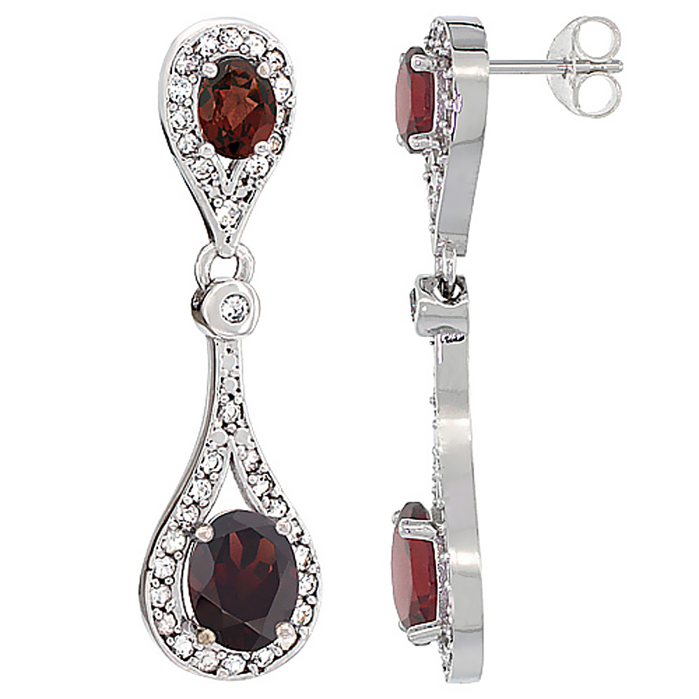 14K WHITE GOLD NATURAL GARNET OVAL DANGLING EARRINGS WHITE SAPPHIRE & DIAMOND ACCENTS, 1 3/8 INCHES LONG