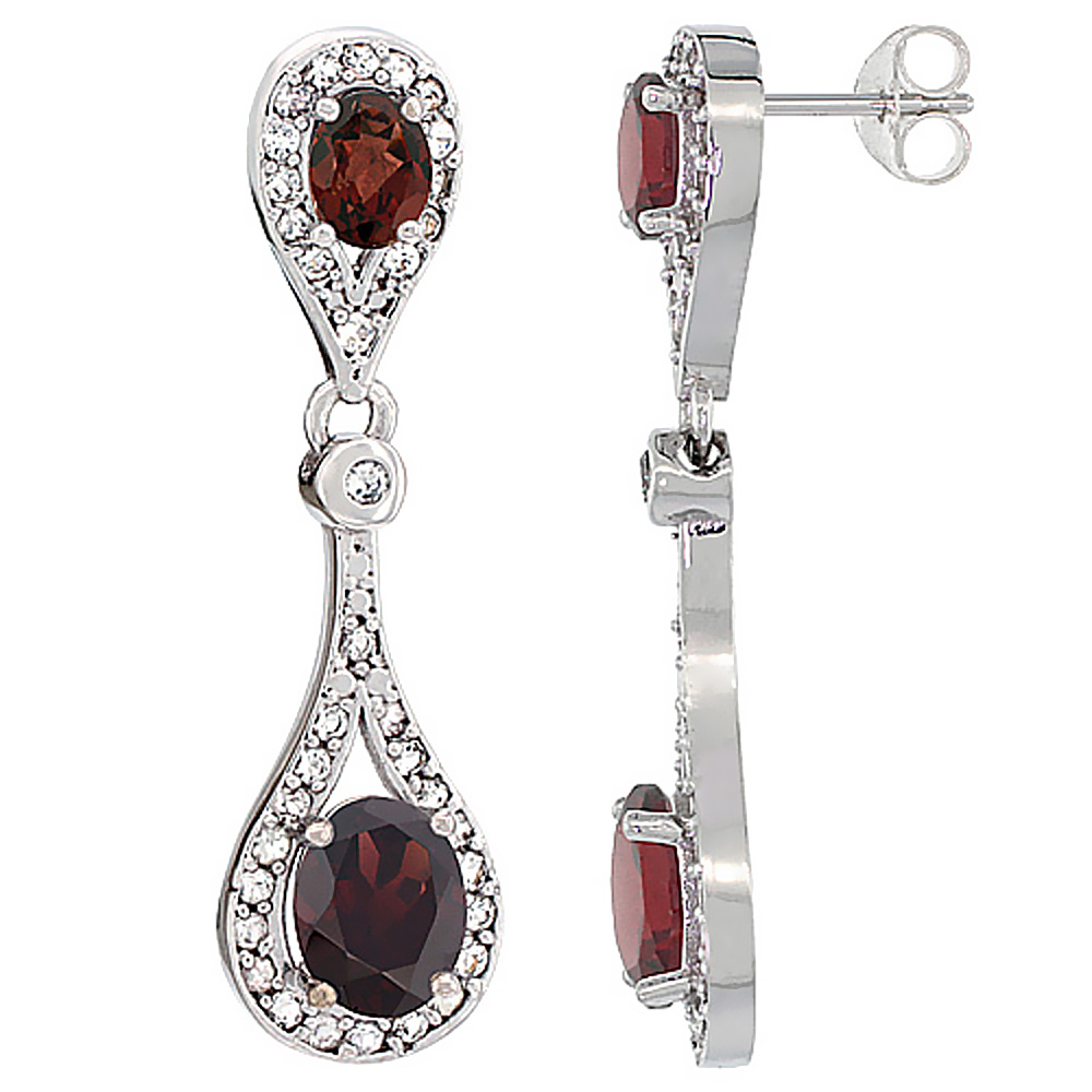 10K White Gold Natural Garnet Oval Dangling Earrings White Sapphire &amp; Diamond Accents, 1 3/8 inches long