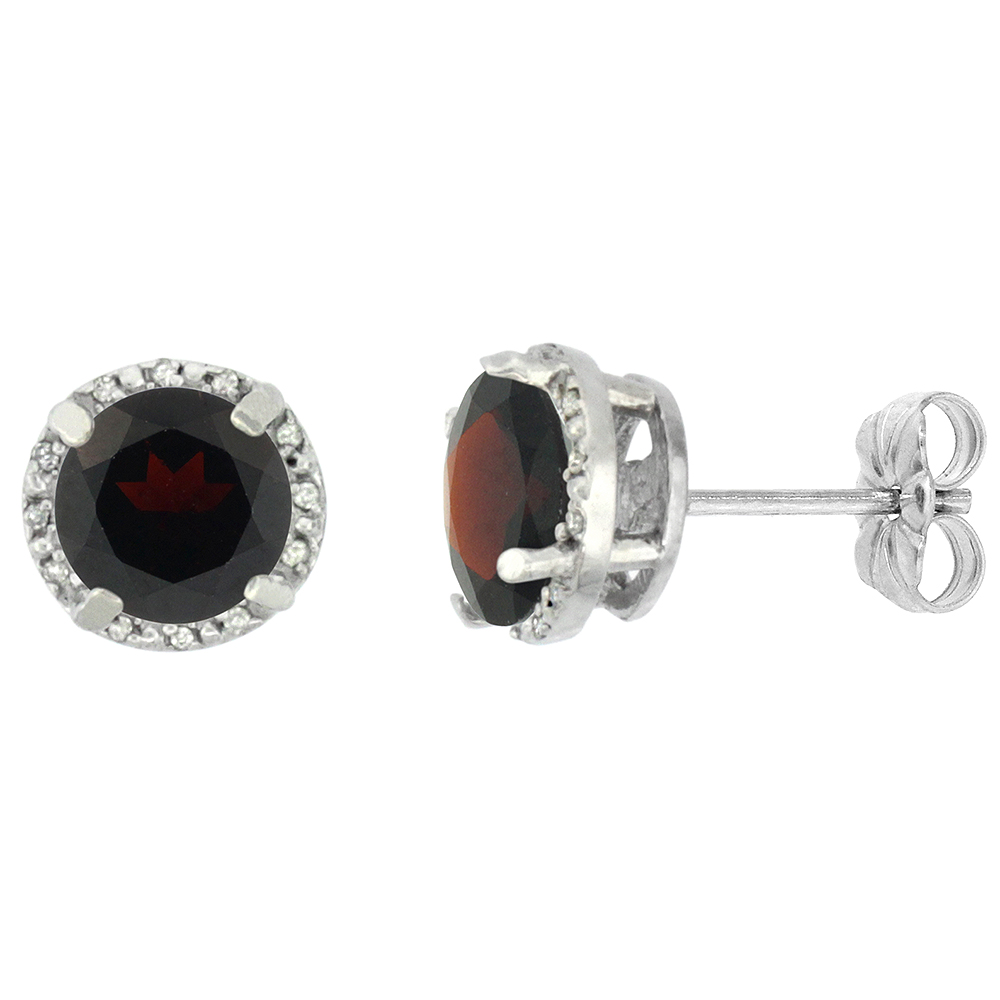 10K WHITE GOLD 0.06 CTTW DIAMOND NATURAL GARNET EARRINGS ROUND 7X7 MM