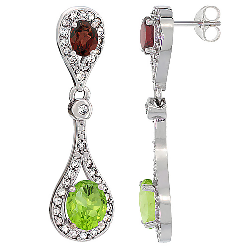 10K White Gold Natural Peridot &amp; Garnet Oval Dangling Earrings White Sapphire &amp; Diamond Accents, 1 3/8 inches long
