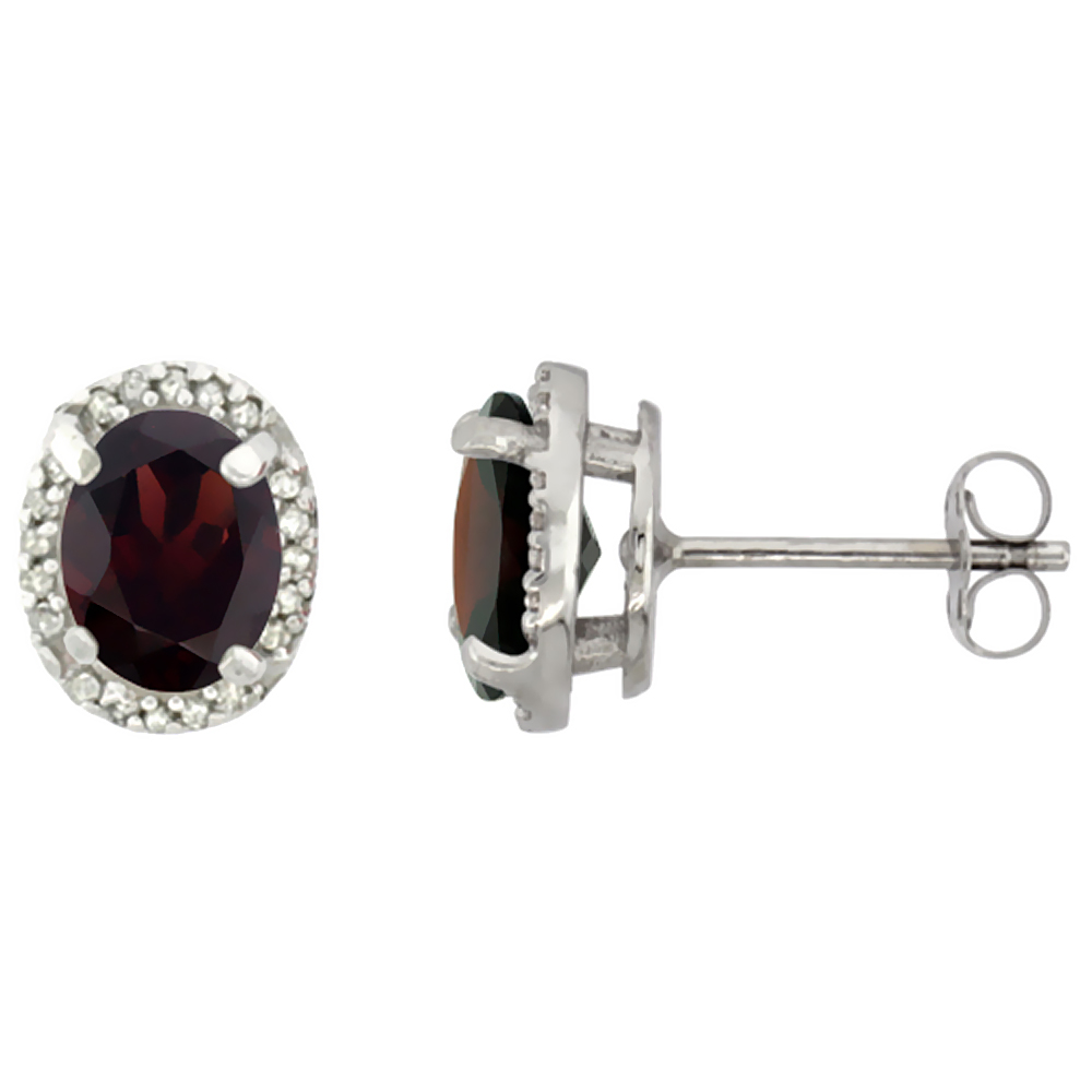 10K WHITE GOLD DIAMOND NATURAL GARNET EARRINGS OVAL 7X5 MM